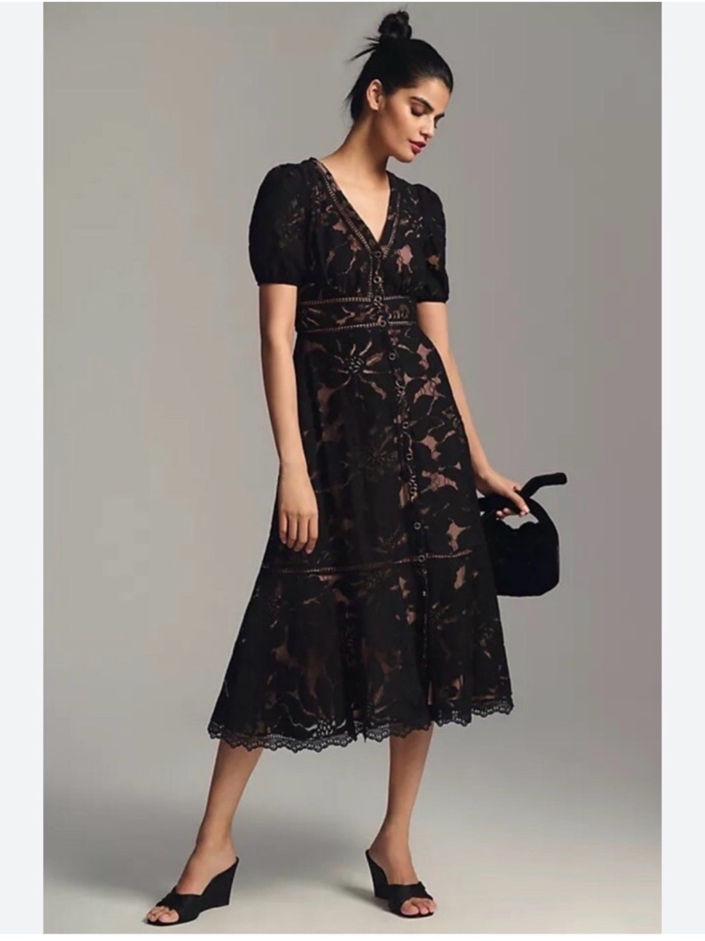 Anthropologie Ophelia Puff Sleeve Elegant Black Lace Dress US 0